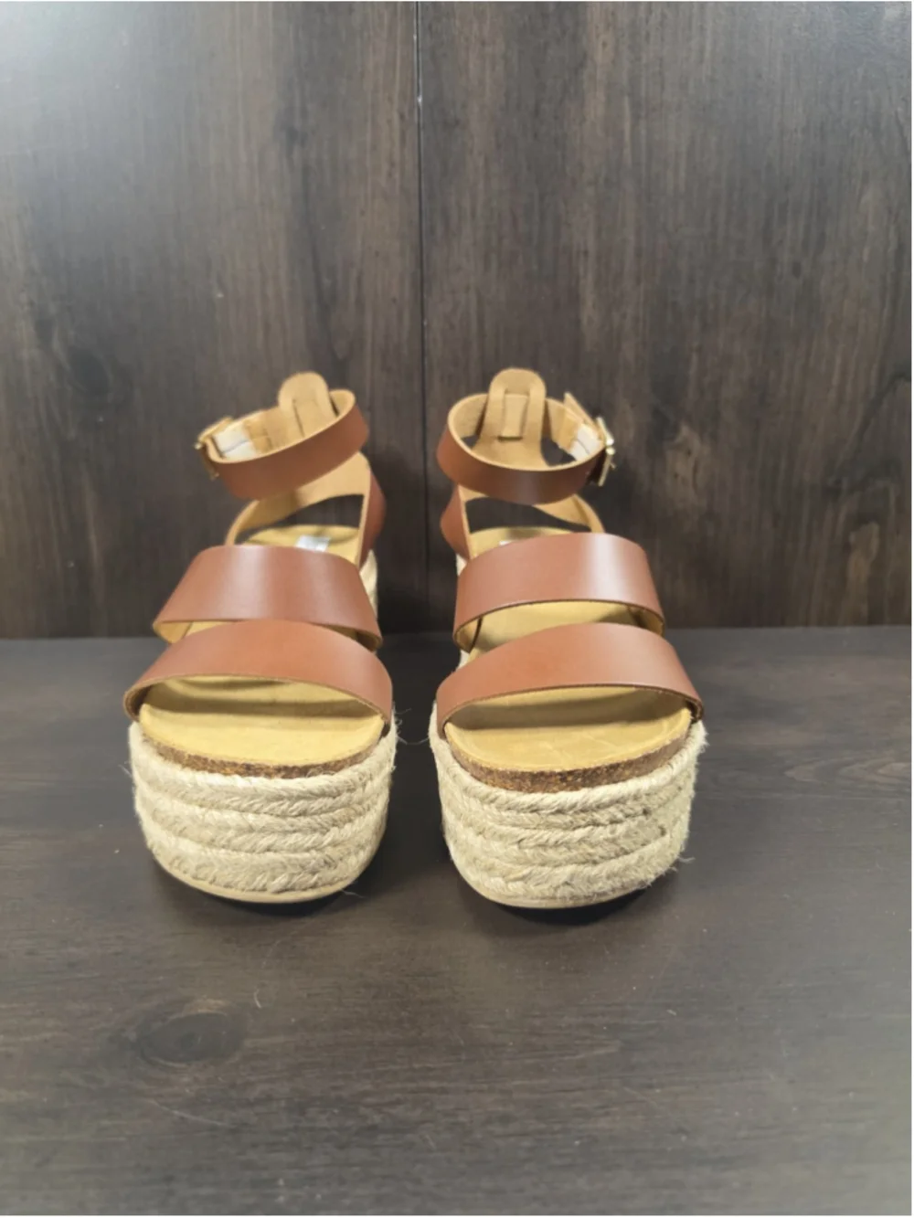 Steve Madden Kelton LEATHER Retro Espadrille Platform Sandals Cognac Brown 7 M